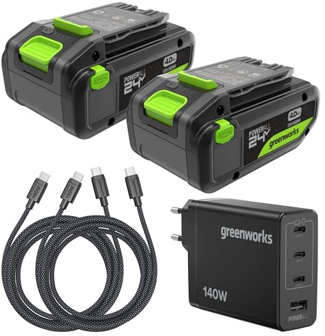 Greenworks 2x24V 4Ah Batterie High Power USB-C & Chargeur USB-C 140 W & Câble Kit,Compatible avec Tous Les Outils Greenworks 200+ de la Série 24 V, Garantie 2 Ans - K2D8DEA