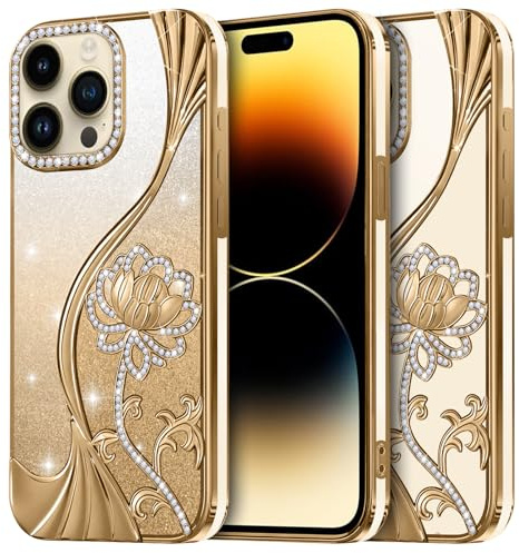 LEVIOSA Case for iPhone 14 Pro Max Floral Case with Glitter Slim Soft TPU Phone Cases Shockproof Anti-Yellowing Impact-Resistant Scratch-Proof Protective Cover for iPhone 14 Pro Max Cover (Gold)