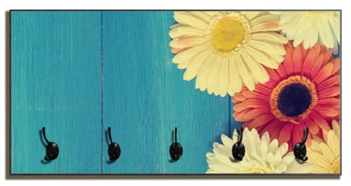 Wallario Wandgarderobe aus Holz in Größe 80 x 40 cm in Premium-Qualität, Motiv: Bunte Gerbera auf Holz | 5 Kleiderhaken zum Aufhängen