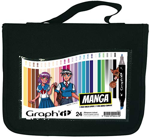 GRAPH’IT Trousse 24 Marqueurs Alcool Double Pointe - Set Manga - Pointe Fine et Biseautée - Illustration, Rough, Scrapbooking et Coloriage - Kit Dessin Complet, Couleurs - Adulte, Enfant