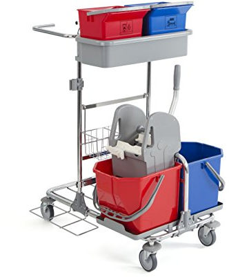 TTS 0002001 Tecno 01 Wagen für die Reinigung chrom, zwei 15 Liter Eimer und Wringer, zwei Eimer 6 Liter und eine Ablage, Müllsackhalter 120 Liter
