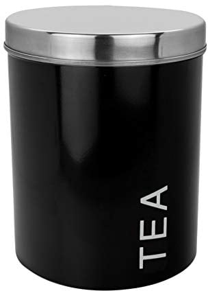 Harbour Housewares Round Metal Tea Storage Canister - Black - Pack of 1 - Retro Kitchen Storage Loose Tea Caddy Preserve Food Tin Bin Container Jars Airtight Lid