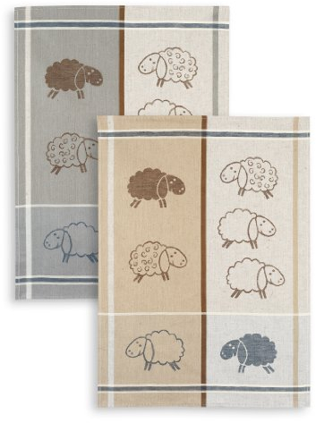 2-er Set, Jacquard Geschirrtuch, KRACHT, Halbleinen, Schafe, beige/grau, Format 50x70cm