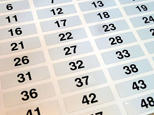 Etiketten / Aufkleber zur Nummerierung (schwarze Zahlen auf silberfarbenem Hintergrund, aufsteigend nummeriert von 1 bis 100, aus haltbarem Plastik, Maße: 31 x 10 mm)