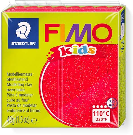 STAEDTLER ofenhärtende Modelliermasse FIMO kids, rot glitter, extra weich und geschmeidig, speziell für Kinder, Normalblock 42g, 8030-212