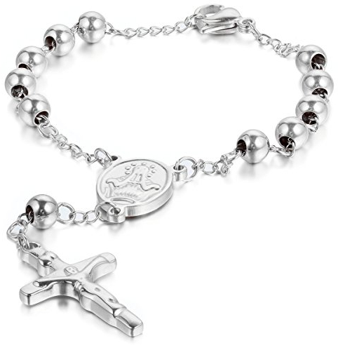 JewelryWe Rosenkranz Kreuz Armband Damen: Silber Edelstahl Perlen Kugelkette Armreif Armkette mit Jesus Kruzifix Anhänger Verstellbar Kettenarmband Religiöse Schmuck Geschenk für Frauen Männer