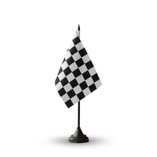 Flaggenfritze Tischflagge Zielflagge 10 x 15 cm, schwarz-weiße Flagge, reißfestes Polyester, farbintensiver Siebdruck, kleine Fahne mit Kunststoff-Sockel