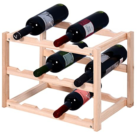 Knight 12 Bottles Stylish Wooden Wine Rack Holder | 3 Tier Free Standing Wine Bottles Display Unit | Wine Display Shelves | Home Decor & Wine Gifts | 42cm x 26cm x 30cm | Natural Color