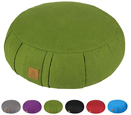 FelizMax Round Buckwheat Meditation Cushion, D=38cm H=14cm Zafu/Zabuton Meditation Pillow, Yoga Bolster, Floor Pouf, Zippered Organic Cotton Cover, Machine Washable, Crescent Yoga Pillow Large-Green