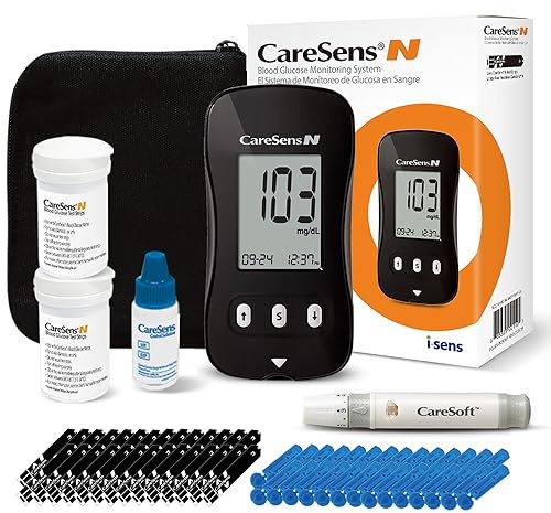 CareSens N Blood Glucose Monitor Kit with 100 Blood Sugar Test Strips, 100 Lancets, 1 Blood Glucose Meter, 1 Lancing Device, 1 Control Solution, Travel Case for Diabetes Testing for Personal Use