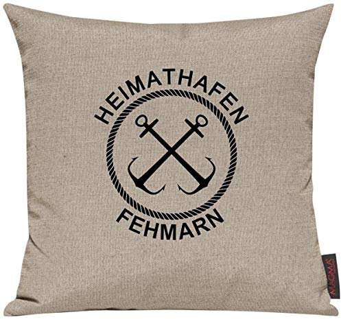 Shirtinstyle Sofakissen Heimathafen Fehmarn, Kissen, Meer, Heimatort, Stadt, Urlaub, Größe 40 x 40cm, Farbe Taupe