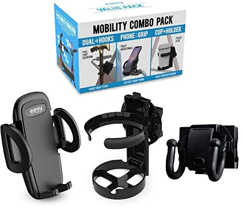 Mobility Combo Pack - Cup Holder, Phone Holder and Hooks for Walkers, Wheelchairs and Strollers