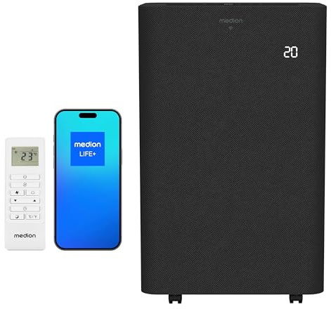 MEDION Climatiseur Mobile Intelligent avec tuyau d’évacuation P1402 (14000 BTU, mobile, incl. kit fenêtre, jusqu’à 50m², 3en1 refroidir déshumidifier ventiler, contrôle via application et commande voc