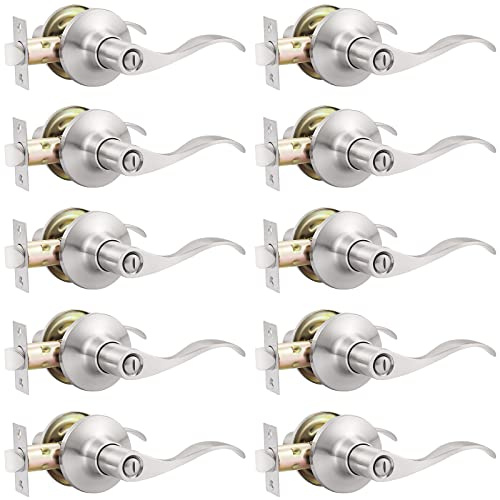GOBEKOR 10 Pack Privacy Door Levers Bedroom Door Handle with Lock Satin Nickel Interior Door Handles Keyless Door Lock Wave Bed/Bath Lever