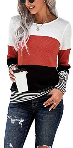 SMENG Blouses for Women Fall Crewneck Sweatshirt Stripe Casual T-Shirts Oversized Ladies Jumpers Size 12 Long Sleeve Tops Red Size(UK10-12)