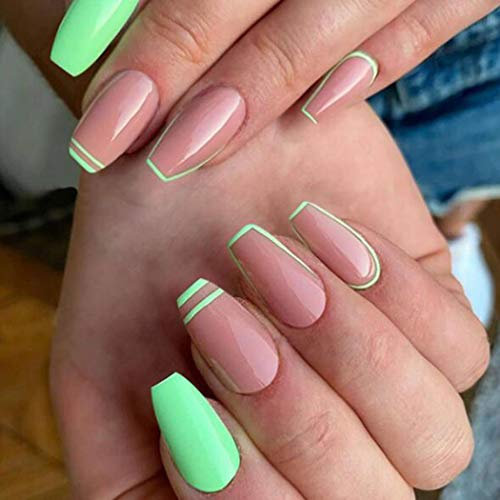 Brishow Cercueil faux ongles courts appuyez sur les ongles ballerine acrylique bâton sur les ongles 24 pièces pour les femmes et les filles （rose vert）