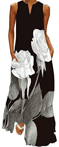 WINKEEY Femme Robe Longue Imprimé Floral Maxi Robe Bohème avec Poches sans Manches Grande Taille