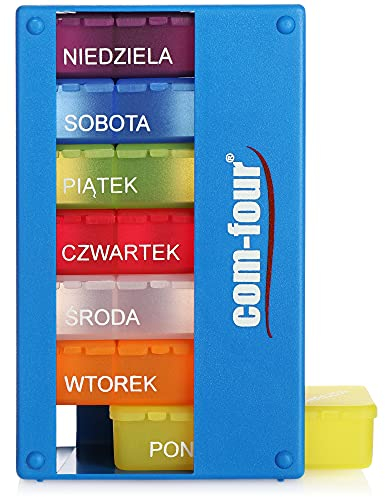 COM-FOUR® Medikamentendosierer auf POLNISCH - Medikamenten-Box für 7 Tage - 3 Fächer - Pillendose - Pillenbox - Tablettenbox - Wochendosierer zur Aufbewahrung [POLNISCH] (Dunkelblau)