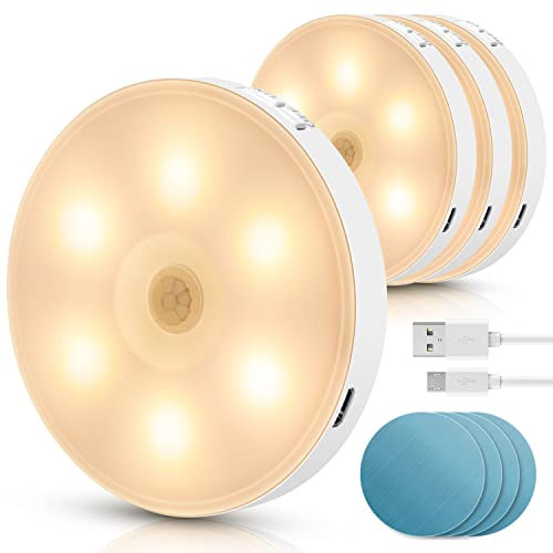 Aigostar 4 Stück 3000K Nachtlicht Kinder mit Bewegungsmelder, Selbsthaftende Schrankbeleuchtung Aufladbar USB, 0.5W Nachtlampe für Kinderzimmer, Schlafzimmer, Treppe, Flur, Badezimmer, Küche