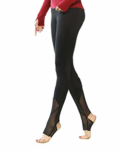 Kissprom Damen Yoga-Leggings, Netz-Steigbügel, enge Sporthose, schnelltrocknend, mittlere Taille, Schwarz, schwarz, Groß