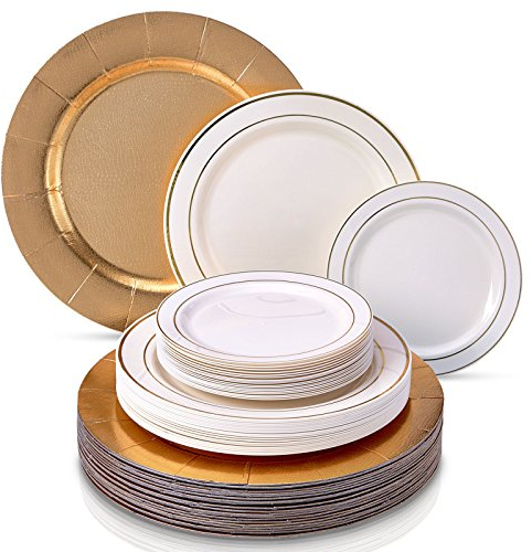 Silver Spoons Modern Elegant 60 PC DINNERWARE Set | Heavy Duty Dishes | 20 Chargers | 20 Dinner Plates | 20 Salad Plates | for Upscale Wedding and Dining | Golden Glare Collection, (1822/SS)