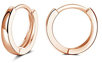 PRETTERY Rose Gold Plated Hoops Earrings for Women, Hypoallergenic 925 Sterling Silver Hoops Earrings, 13mm Small Round Circle Huggie Hinged Hoop Sleeper Earrings