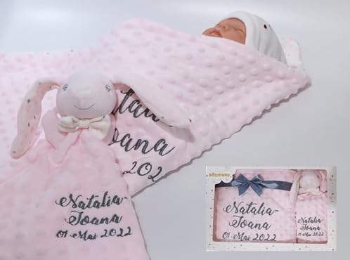 Geschenk-Set New Baby ★ Babydecke mit Namen + Rosa Hase ★ Baby-Shower ★ Geburt ★ (Rosa - Hase)