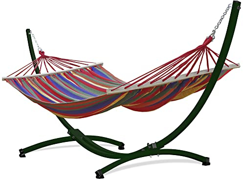 Potenza Outdoor Hängematte mit Gestell für 2 Personen I Stabhängematte XXL 220x160, 200kg I Hängemattengestell 220kg Wetterfest (Rot, Gestell Grün)