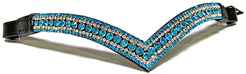 Equipride Stirnriemen für Zaumzeug, V-förmig, 5 Reihen, Kristall, türkis/transparent, 40,6 cm, schwarzes Leder