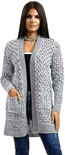 Crazy Girls Womens Crochet Knitted Boyfriend Cardigan, Marl Grey, XXL (UK 20-22)