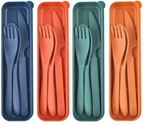 Noewmub Plastik Besteck Mehrweg Set, 4 Sets Reise Besteck mit Etui, Camping Besteck Set, Tragbare Utensilien, für Lunchbox, Schule, Picknick, Reisen, Camping oder den täglichen Gebrauch (4 Farben)