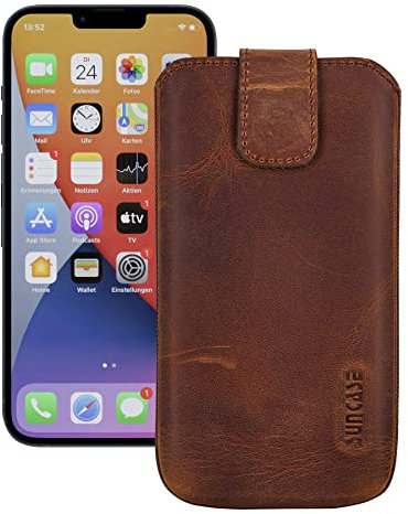 Suncase ECHT Leder Tasche kompatibel mit iPhone 14 (6,1 Zoll) mit ZUSÄTZLICHER Transparent Hülle | Schale | Silikon Bumper Handytasche (mit Rückzugsfunktion und Magnetverschluss) in antik Coffee