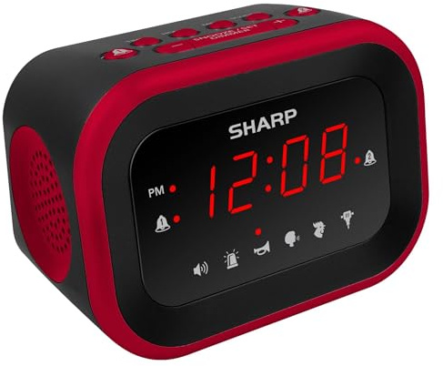 Sharp Big Bang Super Lauter Wecker für Schwerschläfer, 115 dB Extremer Weckalarm, Dual-Alarme, 6 Wecktöne, großes rotes LED-Display, Dimmersteuerung & Batterie-Backup, Schlafzimmeruhr
