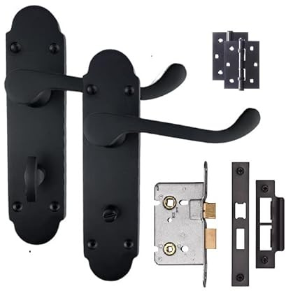 Golden Grace Victorian Scroll Bathroom Lock, Matt Black, 170x40mm | Includes mortise lock, 3-inch ball bearing hinges, spindle, screws, and thumb turn for a hassle-free, complete door upgrade.