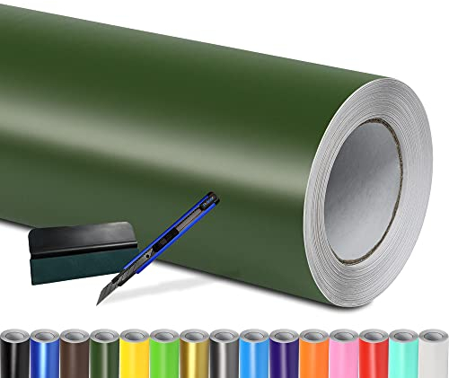 Folindo® Autofolie Dunkel Grün Matt (6€/m²) | 20 x 1,52 m | + Rakel & Cutter | Selbstklebende Luftkanal Folie zur Auto Folierung | Blasenfrei