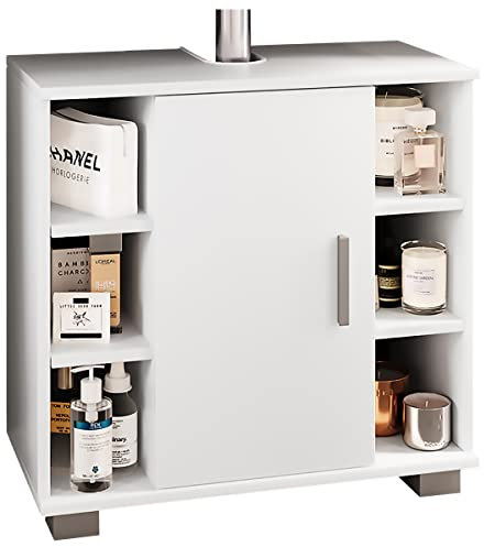 VCM Holz Waschbeckenunterschrank | Badschrank | Maße: H. 58 x B. 60 x T. 30 cm | 1 Drehtür | 2 Fächer | 6 kleine offene Regalfächer - Zalo M