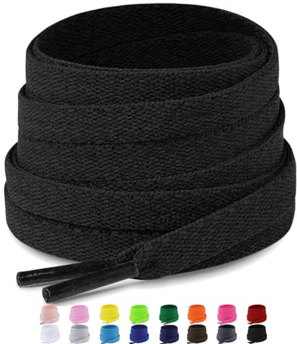 Puzeam 2 pares Cordones Planos,16 colores, 8mm anchos cordones de zapatos de para zapatillas deportivo,cordón Reemplazo planos - Black 160