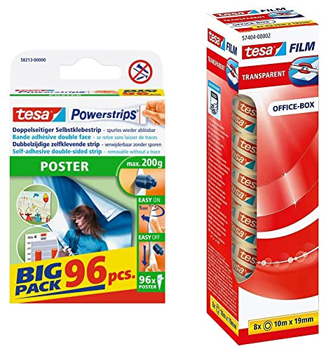 tesa Powerstrips POSTER Big Pack - Doppelseitige Klebestreifen für Poster und Plakate - Bis zu 200 g Halteleistung - 96 Stück & film transparent - 10 m x 19 mm - 8er Pack