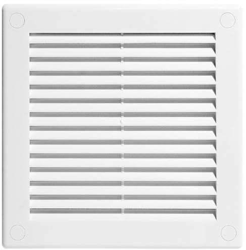 White Louvred Wall Vent Grille with Flyscreen and Screw Caps, 150 x 150 mm, Air Ventilation Duct Cover with Anti-Insect Mesh and Flat Back, Tough and Durable ABS Plastic