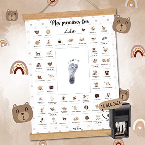 Keep'Love Affiche Mes Premières Fois à Tamponner, Cadeau de Naissance Bébé, Souvenir, Decoration Chambre, Baguettes Suspension Aimantées, Coffret Cadeau Jeune Maman, Grand Format A3 (Modèle OURSON)