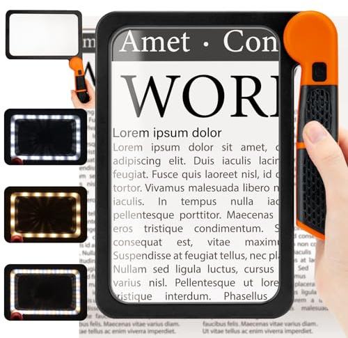 Large Magnifying Glass with Light, Full Page Magnifier 48LED Cold & Warm Light with 3 Modes, Folding Handheld Illuminated Lighted Magnifier for Seniors Low Vision Reading Inspection (Orange)