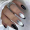 Ceboic 24Pcs Amande Faux Ongles Moyen Français Ballerine Press on Nails avec Dessin, Glossy Pleine Couverture Acrylique Ongles à Coller pour Femmes et Filles (Noir Blanc)