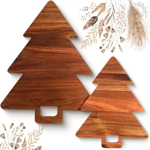 Lallisa 2 tablas de cortar de queso de Navidad, tabla de cortar de acacia con asas de madera en forma de árbol de Navidad para cocina, verduras, frutas, 2 tamaños