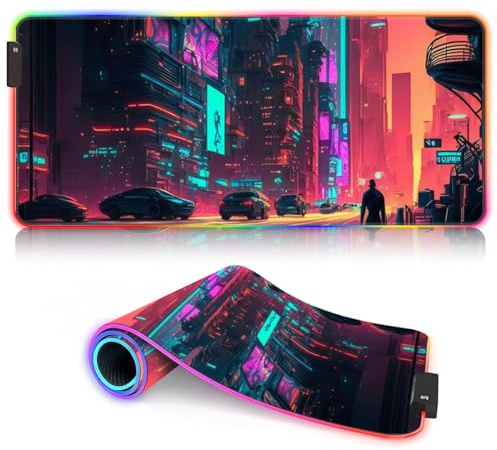 BUBELS Neon Cities Tapis de Souris de Jeu surdimensionné, 14 Modes d'éclairage, épais, Lumineux, LED, étendu, Base en Caoutchouc antidérapant, Tapis de Clavier d'ordinateur 13,77 x 23,6 Pouces