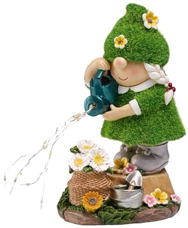 TERESA'S COLLECTIONS Gartenzwerge Gartendeko für Draußen,20cm Wetterfest Figur mit Solarleuchte,Blumenpflücken Gartenfiguren draußen,Gartenwichtel Gartendeko Solar