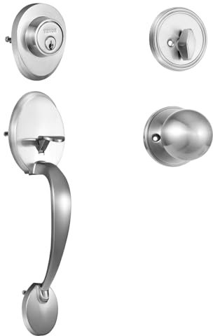 VEVOR Poignée de Porte d’Entrée avec Pêne Dormant Serrure pour Porte sur Rosace avec Bouton Intérieur Réversible Droite-Gauche Espacement des Trous Réglable pour Chambre Salle de Bain Nickel Satiné