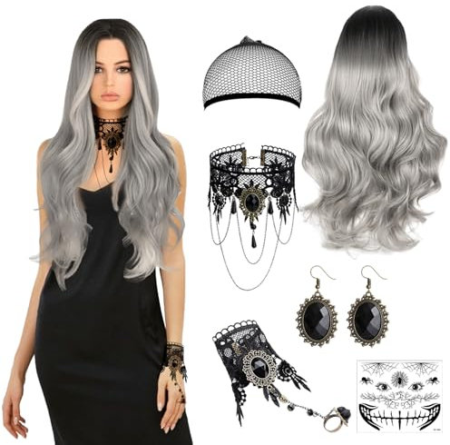 Silbergrau Damen Perücke, Synthetische 70cm Perücke mit Haarnetz, Karneval Lace Handschuhe und Gothic Halsketten, Damen Lace Zubehör für Karneval, Halloween Cosplay Kostüm Maskerade