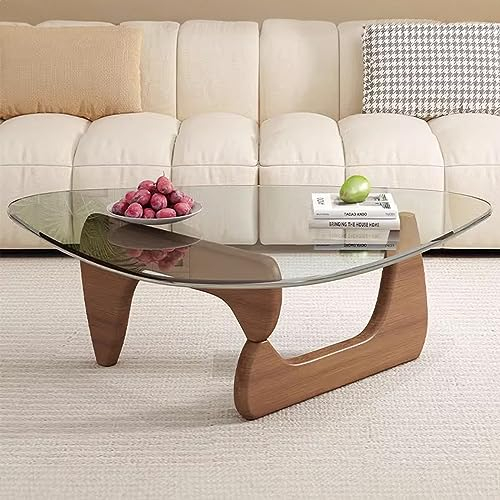 Table basse triangulaire en verre, table d'appoint vintage moderne, base en bois massif et dessus en verre transparent, pour salon, terrasse