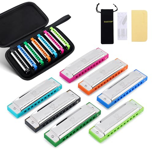 East top Mundharmonika-Set, 10 Löcher, 7 Farben, diatonische Blues-Mundharmonika-Set für Erwachsene, Profis und Studenten, als Geschenk