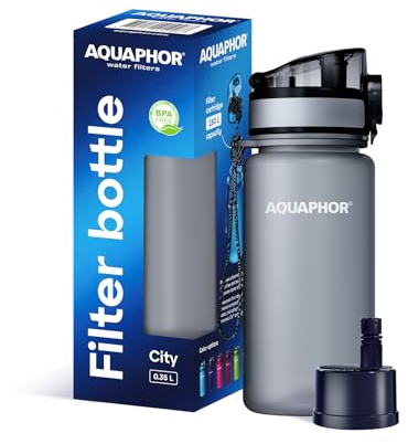 AQUAPHOR City | Kleine Trinkflasche mit Wasserfilter 350 ml Grau | Kompakt, leicht & BPA-frei | Für Kinder und unterwegs geeignet | Filterflasche mit Aktivkohlefilter | Perfekt zum Schulstart